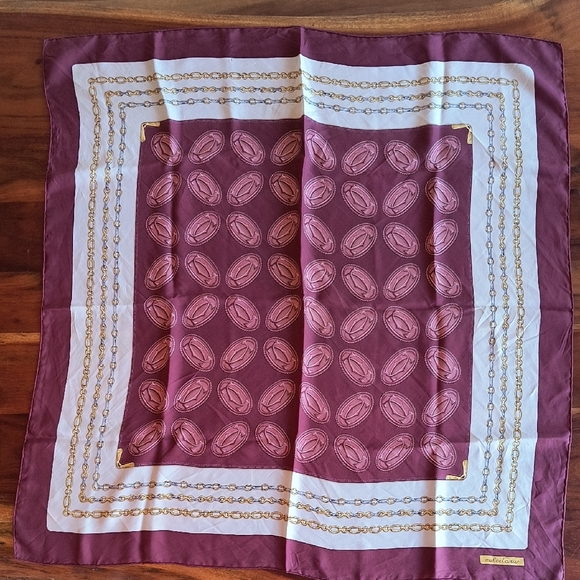 Authentic Must De Cartier (Carré De Soie)Burgundy and Gold Patterned Silk Scarf. - Picture 1 of 6